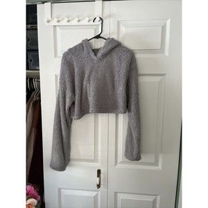 Shein Women’s Gray Cropped Sherpa Pullover Hoodie (Size L)